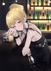 Rule 34 | 1girl, alcohol, bar (place), blonde hair, blue eyes, counter, dress, earrings, glass, hair bun, highres, hololive, hololive english, holster, jewelry, looking at viewer, necklace, see-through, see-through dress, see-through sleeves, single hair bun, sitting, solo, syhan, thigh holster, virtual youtuber, watson amelia, watson amelia (party dress)