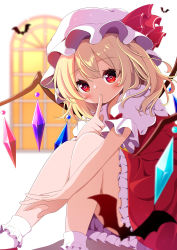 Rule 34 | 1girl, absurdres, blonde hair, blouse, blurry, blurry background, blush, crystal, feet out of frame, finger to mouth, flandre scarlet, frills, g4ku, hat, hat ribbon, highres, knees up, looking at viewer, mob cap, one side up, petticoat, puffy short sleeves, puffy sleeves, red eyes, red ribbon, red skirt, red vest, ribbon, shirt, short sleeves, shushing, sitting, skirt, skirt set, smile, socks, solo, thighs, touhou, vest, white hat, white shirt, white socks, wings
