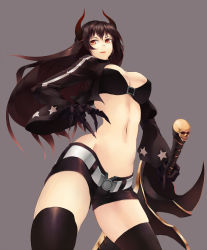 Rule 34 | 10s, 1girl, black gold saw, black hair, black rock shooter, breasts, claws, cleavage, female focus, horns, large breasts, long hair, midriff, navel, red eyes, reibun (raven1119), shorts, simple background, solo, sword, tagme, weapon