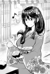 Rule 34 | 1girl, black hair, blush, bowl, breasts, chopsticks, closed mouth, commentary, flower, food, greyscale, hair flower, hair ornament, japanese clothes, kimono, large breasts, long hair, long sleeves, matsumoto tomoyohi, mito (oshiro project), monochrome, musical note, nattou, obi, oshiro project:re, oshiro project:re, quaver, rice, sash, sitting, smile, solo, spoken musical note, wide sleeves