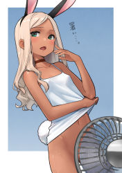 Rule 34 | 1girl, absurdres, animal ears, blonde hair, blush, bottomless, breasts, choker, convenient censoring, covered erect nipples, dark-skinned female, dark skin, electric fan, fake animal ears, green eyes, highres, kakinomai, long hair, navel, open mouth, original, rabbit ears, rabbit tail, simple background, small breasts, solo, sweat, tail, tank top, translated, two-tone background, white tank top