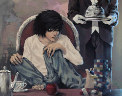 Rule 34 | 2boys, apple, bags under eyes, barefoot, black hair, chair, death note, food, formal, fruit, gloves, jenga, l (death note), long sleeves, love1an, male focus, mouth hold, multiple boys, nina matsumoto, red upholstery, shueisha, sitting, solo focus, suit, table, teapot, tray, watari