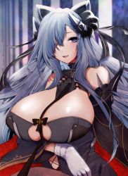 Rule 34 | 1girl, august von parseval (azur lane), azur lane, bare shoulders, black dress, breast cutout, breast hold, breasts, cleavage cutout, clothing cutout, cross, dress, feather-trimmed sleeves, gloves, grey hair, hachimitsu hinako, hair ornament, hair over one eye, horns, huge breasts, iron cross, long hair, looking at viewer, purple eyes, upper body, very long hair, white gloves