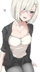 Rule 34 | 1girl, alternate costume, black pantyhose, black skirt, blue eyes, blush, breasts, chigasaki yukari, cleavage, collarbone, hair ornament, hair over one eye, hairclip, hamakaze (kancolle), heart, jacket, jewelry, kantai collection, large breasts, necklace, office lady, open clothes, open jacket, open mouth, pantyhose, short hair, silver hair, skirt, solo, sweat, tank top, white background, white tank top
