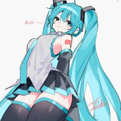 Rule 34 | 1girl, aqua eyes, aqua hair, aqua necktie, bare shoulders, black thighhighs, breasts, detached sleeves, double-parted bangs, grey shirt, hair between eyes, hatsune miku, lace, lace-trimmed shirt, lace trim, layered skirt, long hair, medium breasts, miniskirt, necktie, pecchii, pleated skirt, shirt, signature, simple background, skirt, sleeveless, sleeveless shirt, solo, thighhighs, twintails, very long hair, vocaloid, white background, zettai ryouiki