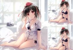Rule 34 | 1girl, absurdres, arm support, barefoot, black hair, bra, breasts, buttons, camera, cleavage, collarbone, curtains, day, hand up, highres, huge filesize, indoors, looking at viewer, medium breasts, mochizuki shiina, multiple views, navel, off shoulder, open mouth, panties, parted lips, red eyes, scan, shameimaru aya, shirt, short hair, short sleeves, sitting, smile, stomach, touhou, underwear, underwear only, white shirt, window