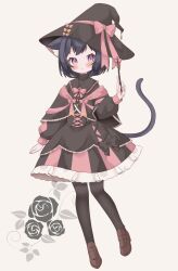 Rule 34 | 1girl, animal ear fluff, animal ears, black capelet, black hair, black hat, black pantyhose, black shirt, black skirt, blush, brown footwear, capelet, cat ears, cat girl, cat tail, full body, hat, original, pantyhose, pink background, pink eyes, pink skirt, shirt, shoes, short hair, simple background, skirt, solo, striped clothes, striped skirt, tail, two-tone skirt, wand, witch hat, yunoluriaa