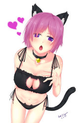 Rule 34 | 10s, 1girl, 2015, absurdres, alternate costume, animal ears, artist name, bell, neck bell, black panties, breast suppress, breasts, cat cutout, cat ear panties, cat ears, cat lingerie, cat tail, chestnut mouth, choker, cleavage, cleavage cutout, clothing cutout, cowboy shot, dated, fate/grand order, fate (series), frills, from above, groin, hair over one eye, heart, highres, jingle bell, large breasts, looking at viewer, mash kyrielight, meme attire, navel, open mouth, panties, purple eyes, purple hair, seraphim throne, short hair, side-tie panties, signature, simple background, solo, stomach, tail, thigh gap, underwear, underwear only, white background