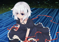 Rule 34 | 1girl, arm at side, arm ribbon, black dress, blue eyes, bow, closed mouth, collarbone, commentary request, criss-cross halter, dress, eyelashes, eyes visible through hair, frilled dress, frilled sleeves, frills, grass, grey hair, hair between eyes, halterneck, highres, kagari (rewrite), leaning forward, long ribbon, looking at viewer, mtmosphere, night, outdoors, puffy short sleeves, puffy sleeves, red bow, red ribbon, rewrite, ribbon, short hair, short sleeves, sitting, smile, solo, wrist bow