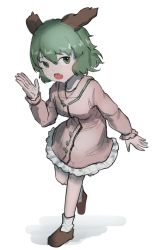 Rule 34 | 1girl, :o, absurdres, animal ears, breasts, brown footwear, commentary request, dog ears, dress, fang, frilled dress, frills, full body, green eyes, green hair, hakonnbo, highres, kasodani kyouko, long sleeves, looking at viewer, open mouth, pink dress, shoes, short hair, simple background, small breasts, socks, solo, touhou, walking, white background, white socks