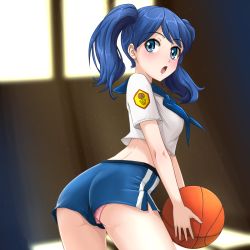Rule 34 | 1girl, :o, ass, ball, basketball, basketball (object), blue eyes, blue hair, blue neckwear, blue shorts, blush, breasts, commentary, crop top, emblem, everlasting summer, from side, highres, holding, holding ball, huyase, indoors, light particles, looking at viewer, midriff, open mouth, panties, pink panties, samantha reed smith, shirt, short shorts, short sleeves, shorts, solo, surprised, twintails, underwear, upper body, upshorts, white shirt, window