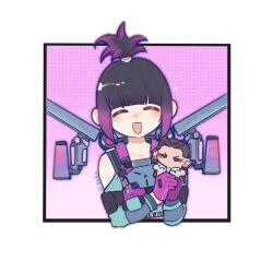 Rule 34 | 1girl, ^ ^, animification, apex legends, artist name, black hair, blue jacket, blush, border, character doll, closed eyes, clothing cutout, colored tips, doll, fluorescent tech valkyrie, gloves, gradient hair, highres, holding, holding doll, jacket, jetpack, loba (apex legends), multicolored hair, official alternate costume, ponytail, purple gloves, purple hair, shengdiyu, shoulder cutout, solo, valkyrie (apex legends), white border