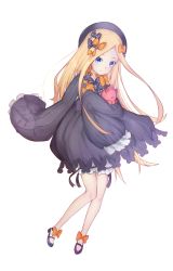 Rule 34 | 1girl, abigail williams (fate), black bow, black dress, black hat, blonde hair, blue eyes, blush, bmo (zero1017), bow, bug, butterfly, closed mouth, commentary request, dress, fate/grand order, fate (series), hair bow, hands in opposite sleeves, hat, high heels, highres, hugging object, insect, long hair, long sleeves, looking at viewer, orange bow, parted bangs, polka dot, polka dot bow, purple footwear, shoes, simple background, solo, stuffed animal, stuffed toy, teddy bear, very long hair, white background