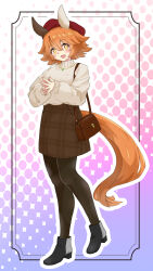 +_+ 1girl :d absurdres alternate_costume animal_ears bag black_footwear black_pantyhose brown_skirt commentary ear_covers flipped_hair full_body gradient_background grey_sweater hair_between_eyes hat highres horse_ears horse_girl horse_tail iltusano jewelry long_sleeves matikanefukukitaru_(umamusume) necklace open_mouth orange_eyes orange_hair outline pantyhose plaid_clothes plaid_skirt red_hat short_hair skirt smile solo sweater tail turtleneck turtleneck_sweater umamusume white_outline