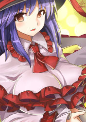 Rule 34 | 1girl, breasts, capelet, frills, hat, large breasts, long sleeves, looking at viewer, nagae iku, open mouth, purple hair, red eyes, shawl, smile, solo, touhou, umigarasu (kitsune1963), upper body