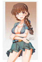 Rule 34 | 1girl, aoshidan school uniform, blush, braid, braided ponytail, breasts, brown hair, cleavage, covered erect nipples, girls und panzer, gluteal fold, green skirt, highres, large breasts, looking at viewer, megadeko, miniskirt, no bra, open clothes, open mouth, ponytail, rukuriri (girls und panzer), school uniform, shiny skin, skirt, smile, solo, standing, sweatdrop