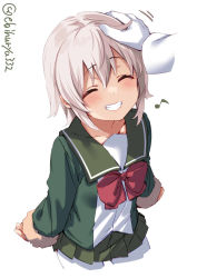 Rule 34 | 1girl, ^ ^, admiral (kancolle), blush, clenched teeth, closed eyes, ebifurya, hair between eyes, hand on another&#039;s head, headpat, highres, kantai collection, musical note, pantyhose, school uniform, serafuku, shimushu (kancolle), simple background, smile, solo focus, teeth, twitter username, white background, white pantyhose
