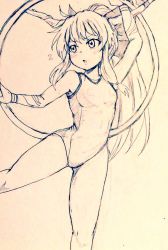 Rule 34 | 1girl, alternate costume, bare legs, breasts, commentary request, competition swimsuit, covered navel, d-m (dii emu), eyelashes, greyscale, hoop, horns, hula hoop, ibuki suika, long hair, looking at viewer, monochrome, one-piece swimsuit, oni horns, open mouth, simple background, standing, standing on one leg, swimsuit, touhou, very long hair