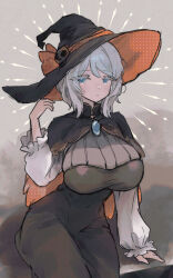 Rule 34 | 1girl, black capelet, black dress, black hat, breasts, brooch, capelet, dress, faust (project moon), hand up, hat, highres, jewelry, large breasts, limbus company, long sleeves, project moon, puffy long sleeves, puffy sleeves, shirt, sitting, solo, white shirt, witch hat, y0ru73