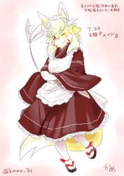 Rule 34 | 1girl, animal ear fluff, animal ears, animal nose, apron, artist name, blonde hair, blush, body fur, breasts, bright pupils, brown dress, brown footwear, closed mouth, dated, dress, duster, facial mark, female focus, fox ears, fox girl, fox tail, frilled apron, frilled dress, frilled sleeves, frills, full body, furry, furry female, hand up, happy, heart, highres, hip vent, holding, holding duster, japanese text, kame (3t), leg up, long dress, long sleeves, looking at viewer, maid, maid apron, maid headdress, one-hour drawing challenge, one eye closed, original, outline, pantyhose, pink background, red eyes, sandals, short hair, signature, simple background, small breasts, smile, solo, split mouth, standing, standing on one leg, swept bangs, tabi, tail, thick eyebrows, translation request, twitter username, two-tone fur, whisker markings, white apron, white fur, white outline, white pantyhose, white pupils, wide sleeves, wink, yellow fur, yhun-chan (kame (3t))