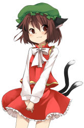 Rule 34 | 1girl, :3, animal ears, blush, bow, bowtie, brown eyes, brown hair, cat ears, cat girl, cat tail, chen, female focus, hat, looking back, mikan (ama no hakoniwa), multiple tails, own hands together, short hair, simple background, skirt, slit pupils, smile, solo, standing, tail, touhou, v arms
