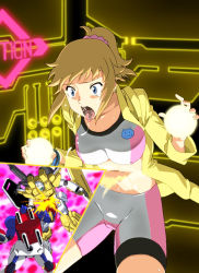 Rule 34 | 10s, 1girl, attack, battle, belly punch, bike shorts, blue eyes, breasts, brown hair, damaged, display, enfuku, gundam, gundam build fighters, gundam build fighters try, gundam maxter, hair ribbon, hoshino fumina, jacket, large areolae, long hair, maxter gundam, mecha, navel, open mouth, ponytail, punching, ribbon, robot, ryona, saliva, scrunchie, solo, standing, stomach punch, sweat, tank top, tears, thigh strap, thighs, tongue, tongue out