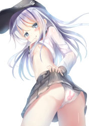 Rule 34 | 1girl, :q, anchor symbol, animal print, ass, back-print panties, black hat, black sailor collar, black skirt, blue eyes, blush, breasts, closed mouth, clothes lift, commentary request, flat cap, hair between eyes, hat, hibiki (kancolle), highres, kantai collection, lifting own clothes, long hair, long sleeves, looking at viewer, looking to the side, natuna natu, neckerchief, panties, pleated skirt, print panties, rabbit panties, rabbit print, red neckerchief, sailor collar, school uniform, serafuku, shirt, shirt lift, silver hair, simple background, skirt, small breasts, smile, solo, tongue, tongue out, underwear, very long hair, white background, white panties, white shirt