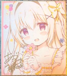 Rule 34 | 1girl, :d, azumi kazuki, bare shoulders, blonde hair, blush stickers, bow, collarbone, commentary request, dress, flower, hair between eyes, hair bow, hair intakes, hair ornament, hairclip, highres, holding, holding flower, long hair, looking at viewer, open mouth, original, photo (medium), pink flower, purple eyes, ribbon-trimmed dress, signature, sleeveless, sleeveless dress, smile, solo, traditional media, two side up, white dress, wrist cuffs, x hair ornament, yellow bow