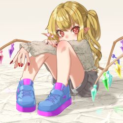 Rule 34 | 1girl, blonde hair, covering own mouth, crystal, flandre scarlet, grey background, grey shirt, heart, highres, knees up, looking at viewer, nail polish, no headwear, one side up, pointy ears, red eyes, shirt, short hair, shorts, simple background, sitting, solo, touhou, wings, zakozako y