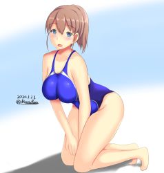Rule 34 | bent over, blue eyes, blush, breasts, brown hair, competition swimsuit, dated, highres, intrepid (kancolle), kantai collection, kneeling, large breasts, looking at viewer, montemasa, one-piece swimsuit, ponytail, shadow, signature, simple background, smile, solo, swimsuit