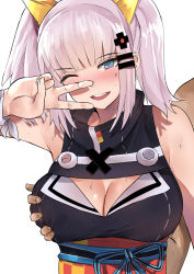 Rule 34 | 1boy, 1girl, ;d, blunt bangs, blush, grabbing another&#039;s breast, breasts, cleavage, cleavage cutout, clothing cutout, fang, grabbing, groping, hair ornament, hairclip, half-closed eyes, hetero, highres, kaguya luna, large breasts, looking at viewer, norman maggot, one eye closed, open mouth, salute, simple background, smile, solo focus, sweat, teeth, the moon studio, twintails, two-finger salute, upper body, v, virtual youtuber, white background