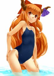 Rule 34 | 1girl, bad id, bad twitter id, bow, competition school swimsuit, fang, fang out, hair bow, hair ribbon, horn ornament, horn ribbon, horns, ibuki suika, inactive account, long hair, nishiuri, one-piece swimsuit, orange hair, partially submerged, pointy ears, red eyes, ribbon, school swimsuit, simple background, smile, solo, swimsuit, touhou, wading, water, wet, white background