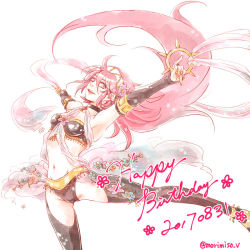Rule 34 | !, 1girl, artist name, dancer, dancing, dated, fire emblem, fire emblem fates, flower, hair flower, hair ornament, hairband, happy birthday, insarability, long hair, midriff, navel, nintendo, official alternate costume, open mouth, pink hair, purple eyes, simple background, soleil (fire emblem), solo, teeth, white background