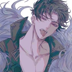 Rule 34 | 1boy, belial (granblue fantasy), bishounen, black hair, black jacket, collarbone, fangs, fur collar, granblue fantasy, hair over eyes, highres, jacket, looking at viewer, male focus, muramitsu (d3jgv), open clothes, open mouth, red eyes, short hair, simple background, solo, tongue, tongue out, upper body, white background