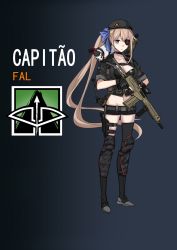 Rule 34 | 1girl, :/, absurdres, animal, animal on shoulder, black background, black gloves, black shorts, blue eyes, blush, boots, bope, bow (weapon), breasts, brown hair, character name, choker, closed mouth, collarbone, emblem, er huaa, eyepatch, fal (girls&#039; frontline), fingerless gloves, full body, girls&#039; frontline, gloves, gun, handgun, highres, holding, holding gun, holding weapon, holster, knee pads, load bearing vest, long hair, medium breasts, micro shorts, midriff, navel, pistol, rainbow six siege, scope, short shorts, shorts, side ponytail, sleeves rolled up, solo, standing, thigh boots, thigh holster, thighhighs, trigger discipline, very long hair, weapon, weapon request