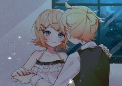 Rule 34 | 1boy, 1girl, ahoge, bare shoulders, blonde hair, blue eyes, brother and sister, camisole, collared shirt, crescent moon, dancing, foliage, frilled camisole, frills, good twins day, hair ornament, hairclip, hand on another&#039;s shoulder, highres, holding hands, kagamine len, kagamine rin, light blush, light particles, moon, night, night sky, off shoulder, sazanami (ripple1996), shirt, short hair, short ponytail, siblings, silhouette, sky, sleeveless, sleeveless jacket, smile, spaghetti strap, sparkle, star (sky), starry sky, swept bangs, tree, twins, vocaloid, waltz (dance), wavy hair, white camisole, white shirt, window