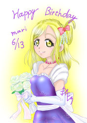 Rule 34 | 1girl, absurdres, artist name, artist request, back bow, bare shoulders, blonde hair, blush, bouquet, bow, braid, breasts, brown eyes, cleavage, collarbone, crown braid, dales, dress, elbow sleeves, female focus, flower, gloves, hair bobbles, hair bow, hair ornament, hair rings, highres, holding, holding bouquet, jewelry, looking at viewer, love live!, love live! sunshine!!, medium breasts, necklace, ohara mari, parted lips, pearl necklace, purple dress, purple skirt, red bow, short hair, skirt, smile, solo, white background, white bow, white gloves, yellow eyes