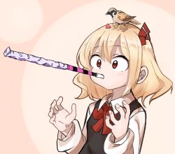 Rule 34 | 1girl, animal, animal on head, ascot, bird, bird on head, black vest, blonde hair, bow, circle, collared shirt, dot nose, dress shirt, hair between eyes, hair bow, long sleeves, mouth hold, on head, party favor, red ascot, red bow, rumia, shinmon akika, shirt, short hair, sidelocks, simple background, touhou, upper body, vest, white shirt, wide-eyed, wing collar