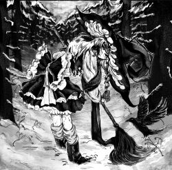Rule 34 | 1girl, back bow, bird, boots, bow, braid, broom, catogom, closed mouth, crow, frilled bow, frills, from side, full body, greyscale, hat, highres, holding, holding broom, kirisame marisa, large hat, leaning forward, long hair, long sleeves, looking at viewer, looking to the side, monochrome, outdoors, pine tree, shirt, single braid, skirt, snow, socks, solo, standing, touhou, tree, vest, witch hat