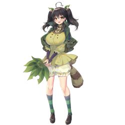 Rule 34 | 1girl, absurdres, ahoge, breasts, bridal gauntlets, brown hair, full body, hair ornament, heart, heart ahoge, highres, holding, holding leaf, huge breasts, leaf, leaf hair ornament, lebachqui126, misato (senran kagura), raccoon, raccoon tail, senran kagura, senran kagura new wave, smile, solo, standing, tail, tanuki, twintails, yellow eyes