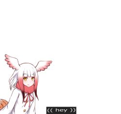 Rule 34 | 10s, 1girl, bad id, bad link, bad twitter id, bird tail, bird wings, disco brando, english text, head wings, highres, japanese crested ibis (kemono friends), kemono friends, long sleeves, multicolored hair, neck ruff, simple background, smile, solo, subtitled, tail, twitter username, two-tone hair, white background, white hair, wings, yellow eyes