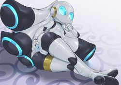 Rule 34 | anus, ass, blue eyes, colored skin, drossel von flugel, fireball (series), full body, hand on ass, highres, looking back, lying, on side, pochincoff, pussy, robot, solo, twintails, white skin