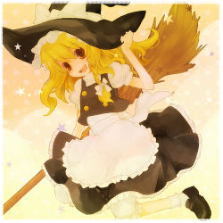 Rule 34 | 1girl, :d, apron, blonde hair, braid, broom, female focus, flying, gradient background, hand on headwear, hat, jiruta, kirisame marisa, long hair, open mouth, ribbon, skirt, smile, solo, star (symbol), touhou, witch, witch hat, yellow eyes
