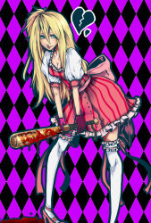 Rule 34 | 1girl, argyle, argyle background, argyle clothes, bad girl, baseball bat, blonde hair, blood, blue eyes, blush, body blush, breasts, cleavage, dress, female focus, frills, gloves, gothic lolita, grasshopper manufacture, high heels, lolita fashion, long hair, no more heroes, ponytail, puffy sleeves, remon2222, shoes, skirt, solo, thighhighs, weapon, white thighhighs
