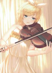 Rule 34 | 1girl, absurdres, blonde hair, blue eyes, bow, bow (music), collarbone, dress, hair bow, hair ornament, hairclip, highres, holding, holding instrument, holding violin, instrument, kagamine rin, music, parted lips, playing instrument, popcat (jung5u), short hair, sleeveless, sleeveless dress, solo, standing, swept bangs, violin, vocaloid, white bow, yellow dress