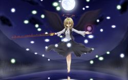 Rule 34 | 1girl, barefoot, black wings, blonde hair, breasts, cleavage, danmaku, darkness, energy ball, ex-rumia, female focus, full moon, halo, lake, long skirt, medium breasts, moon, mountain, outstretched arms, red eyes, rumia, shirt, short hair, skirt, solo, tennenmoe, torn clothes, torn ribbon, torn shirt, torn skirt, touhou, vest, water, wings
