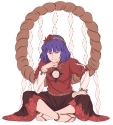 Rule 34 | 1girl, anklet, barefoot sandals (jewelry), blue hair, feet, frilled sleeves, frills, full body, hair ornament, hand on lap, hand on own chin, highres, indian style, jewelry, leaf hair ornament, long sleeves, looking at viewer, mefomefo, mirror, no socks, red eyes, red shirt, red skirt, rope, sandals, shimenawa, shirt, simple background, sitting, skirt, smile, solo, toes, touhou, white background, yasaka kanako