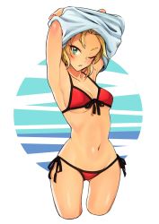 Rule 34 | 1girl, armpits, arms up, bikini, blonde hair, breasts, collarbone, cowboy shot, fate/apocrypha, fate/grand order, fate (series), front-tie bikini top, front-tie top, green eyes, halterneck, looking at viewer, lowleg, lowleg bikini, mordred (fate), mordred (fate) (all), mordred (fate/apocrypha), mordred (swimsuit rider) (fate), mordred (swimsuit rider) (first ascension) (fate), navel, onaka (pixiv11820960), parted lips, red bikini, shirt, side-tie bikini bottom, small breasts, solo, swimsuit, undressing, white background, white shirt
