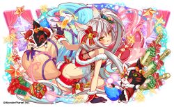 Rule 34 | 1girl, :p, animal ears, bell, bikini, bottle, bow, candy, candy cane, christmas, colorful, crash fever, ear ribbon, food, fox, fox ears, fox tail, gift, gloves, kitsune, multicolored background, ribbon, santa bikini, santa gloves, senko (crash fever), silver hair, swimsuit, tail, tongue, tongue out, twintails, yellow eyes