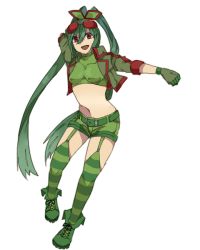 Rule 34 | 1girl, boots, creatures (company), female focus, flygon, full body, game freak, gen 3 pokemon, gloves, goggles, green footwear, green hair, hair ornament, image sample, jacket, katagiri hachigou, navel, nintendo, open mouth, personification, pixiv sample, pokemon, red eyes, running, shoes, shorts, simple background, smile, solo, thighhighs, twintails, upright, white background